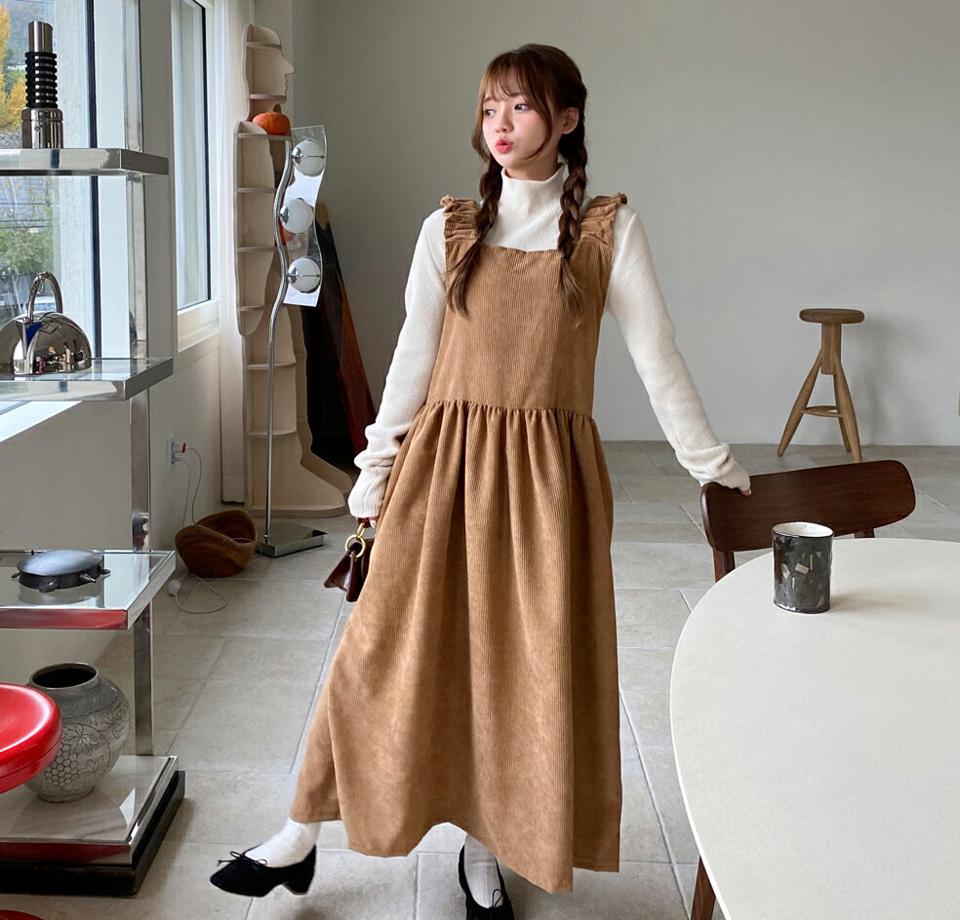 コーデュロイスリーブレスワンピース・全4色・b01308 レディース 【ops】韓国ファッション ワンピース ロングワンピース 長袖 スクエアネック コーデュロイ スリーブレス ロング丈 無地 シンプル カジュアル フェミニン 秋 冬 NIJU