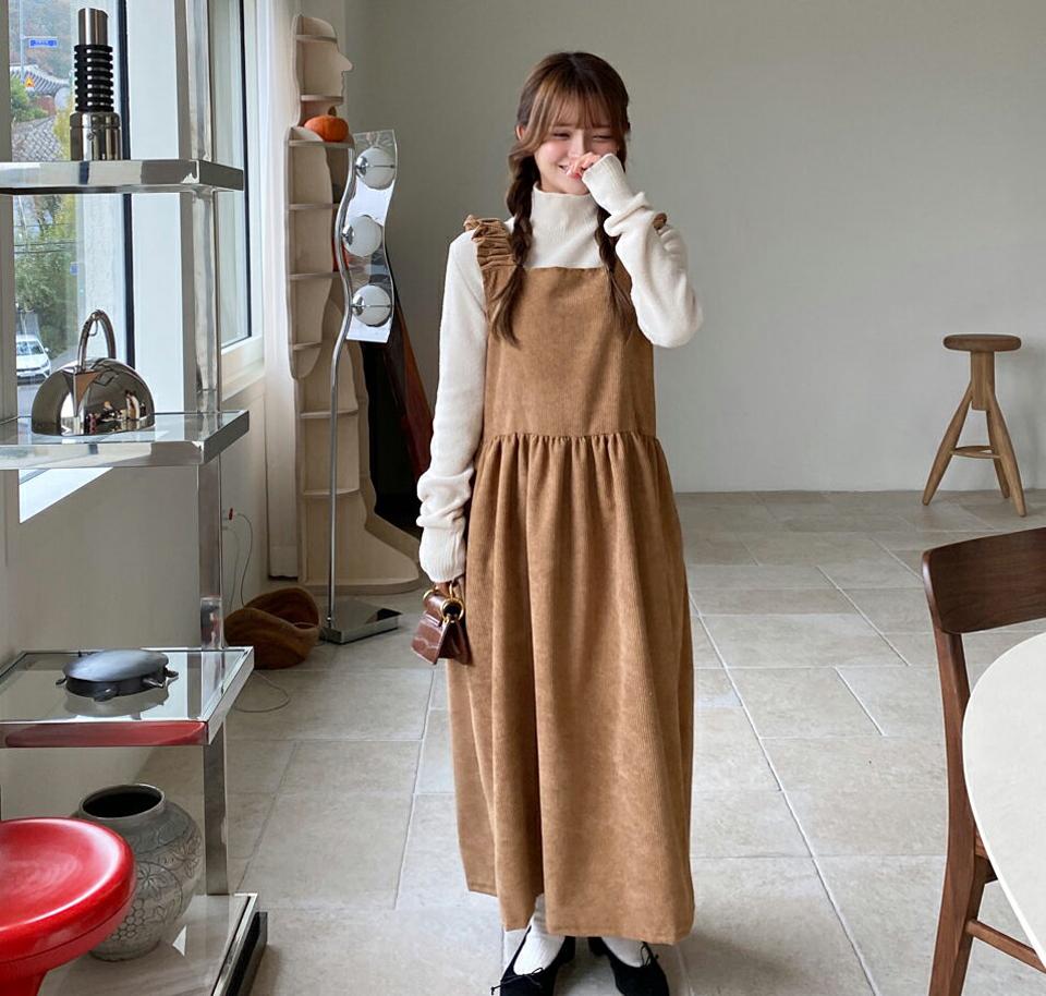 コーデュロイスリーブレスワンピース・全4色・b01308 レディース 【ops】韓国ファッション ワンピース ロングワンピース 長袖 スクエアネック コーデュロイ スリーブレス ロング丈 無地 シンプル カジュアル フェミニン 秋 冬 NIJU