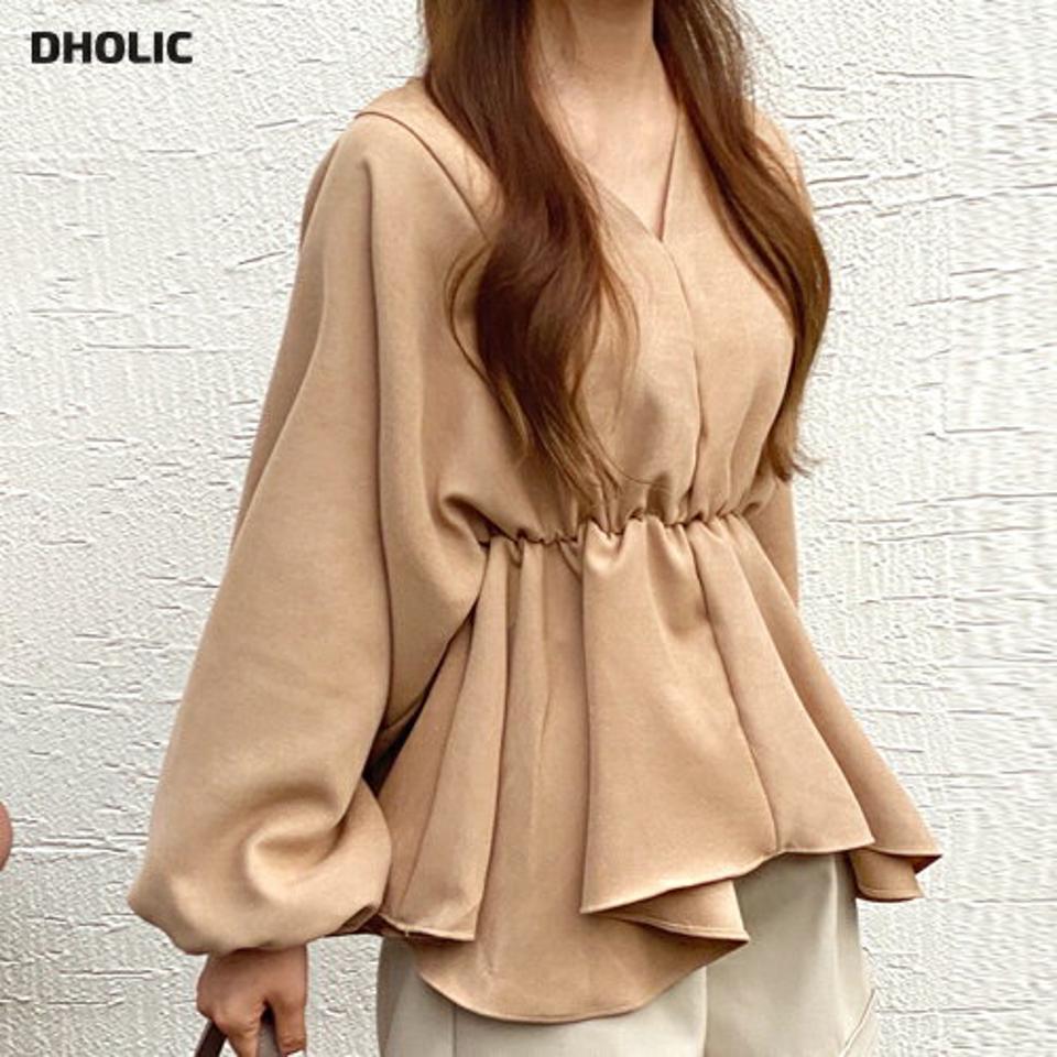 バックリボンフレアブラウス・全4色・t01300 レディース 【bl】韓国ファッション トップス ブラウス 長袖 Vネック リボン フレア 無地 大人 ボタン シンプル フェミニン ルーズ 上品 体型カバー 細身 ガーリー 秋 冬 NIJU