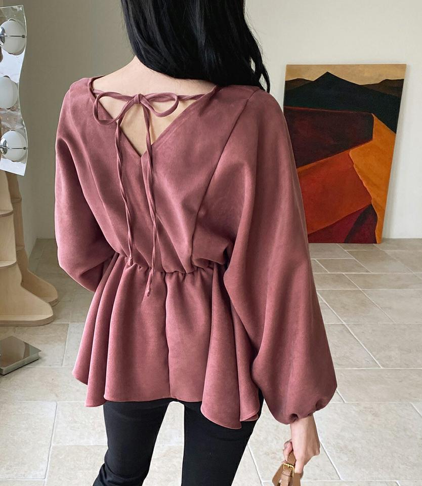 バックリボンフレアブラウス・全4色・t01300 レディース 【bl】韓国ファッション トップス ブラウス 長袖 Vネック リボン フレア 無地 大人 ボタン シンプル フェミニン ルーズ 上品 体型カバー 細身 ガーリー 秋 冬 NIJU