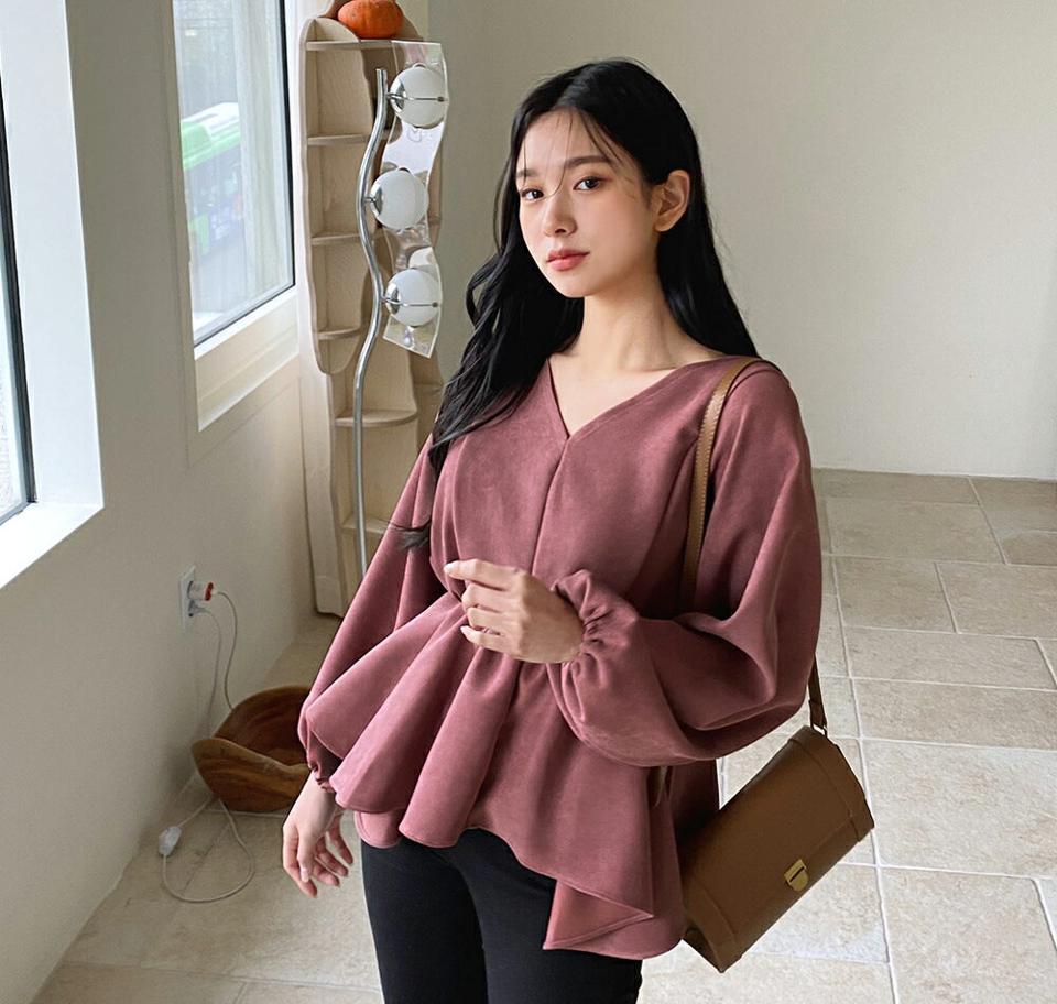 バックリボンフレアブラウス・全4色・t01300 レディース 【bl】韓国ファッション トップス ブラウス 長袖 Vネック リボン フレア 無地 大人 ボタン シンプル フェミニン ルーズ 上品 体型カバー 細身 ガーリー 秋 冬 NIJU