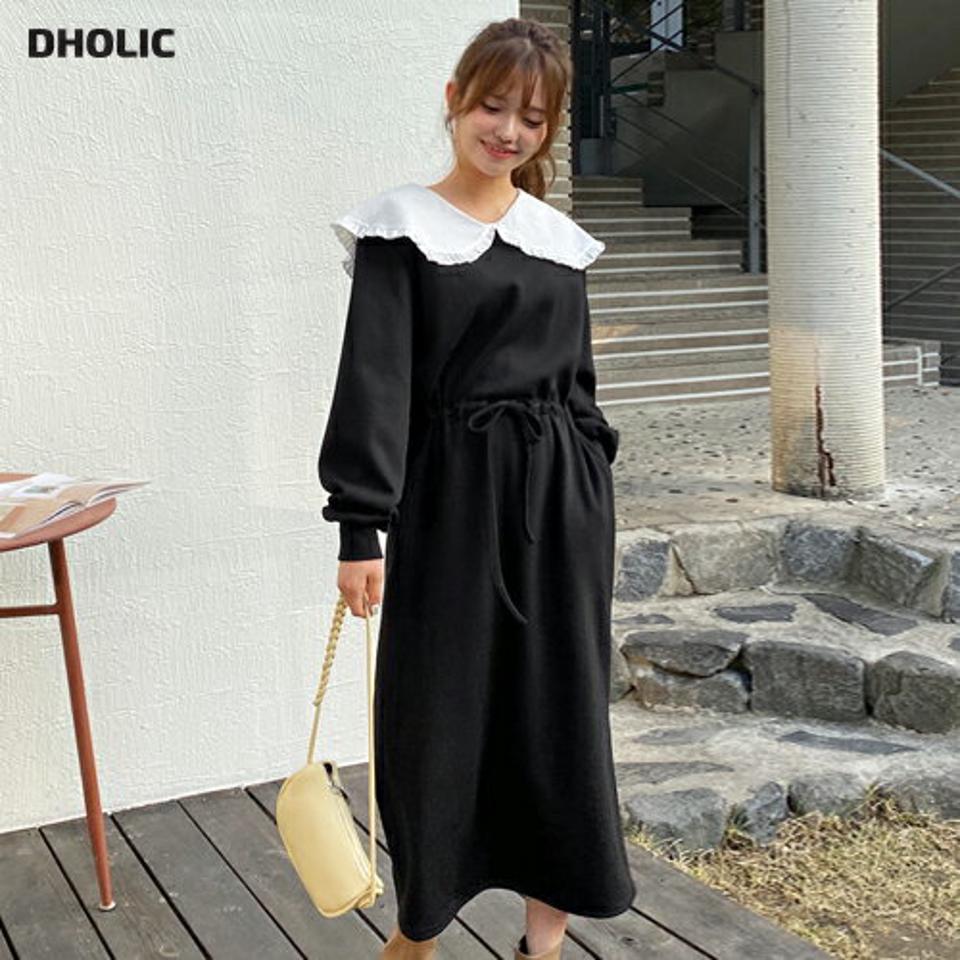 裏起毛ビッグフリルカラーワンピース・全2色・b01312 レディース 【ops】韓国ファッション ワンピース ロング ロングワンピース 長袖 裏起毛 ビッグフリルカラー 配色 ロング丈 シンプル 体型カバー カジュアル フェミニン 秋 冬 NIJU