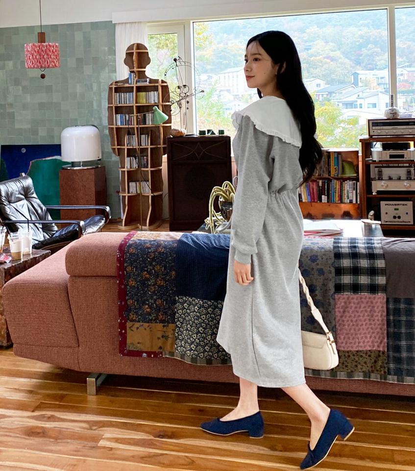 裏起毛ビッグフリルカラーワンピース・全2色・b01312 レディース 【ops】韓国ファッション ワンピース ロング ロングワンピース 長袖 裏起毛 ビッグフリルカラー 配色 ロング丈 シンプル 体型カバー カジュアル フェミニン 秋 冬 NIJU