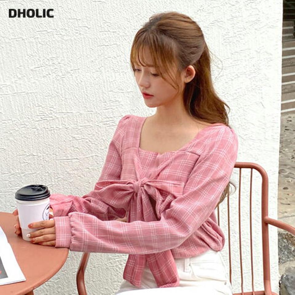 2WAYチェックリボンブラウス・全4色・t01299 レディース 【bl】韓国ファッション トップス ブラウス 長袖 スクエアネック ビッグリボン チェック パーフスリーブ 大人 シンプル フェミニン スリム 上品 体型カバー 細身 ガーリー 秋 冬 NIJU