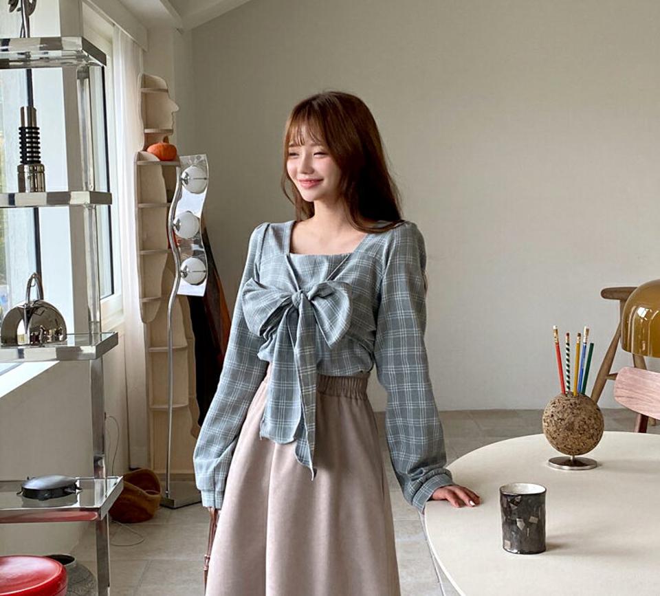 2WAYチェックリボンブラウス・全4色・t01299 レディース 【bl】韓国ファッション トップス ブラウス 長袖 スクエアネック ビッグリボン チェック パーフスリーブ 大人 シンプル フェミニン スリム 上品 体型カバー 細身 ガーリー 秋 冬 NIJU