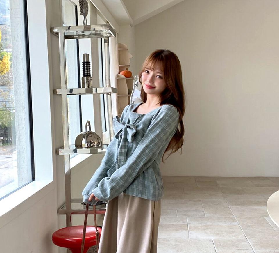 2WAYチェックリボンブラウス・全4色・t01299 レディース 【bl】韓国ファッション トップス ブラウス 長袖 スクエアネック ビッグリボン チェック パーフスリーブ 大人 シンプル フェミニン スリム 上品 体型カバー 細身 ガーリー 秋 冬 NIJU