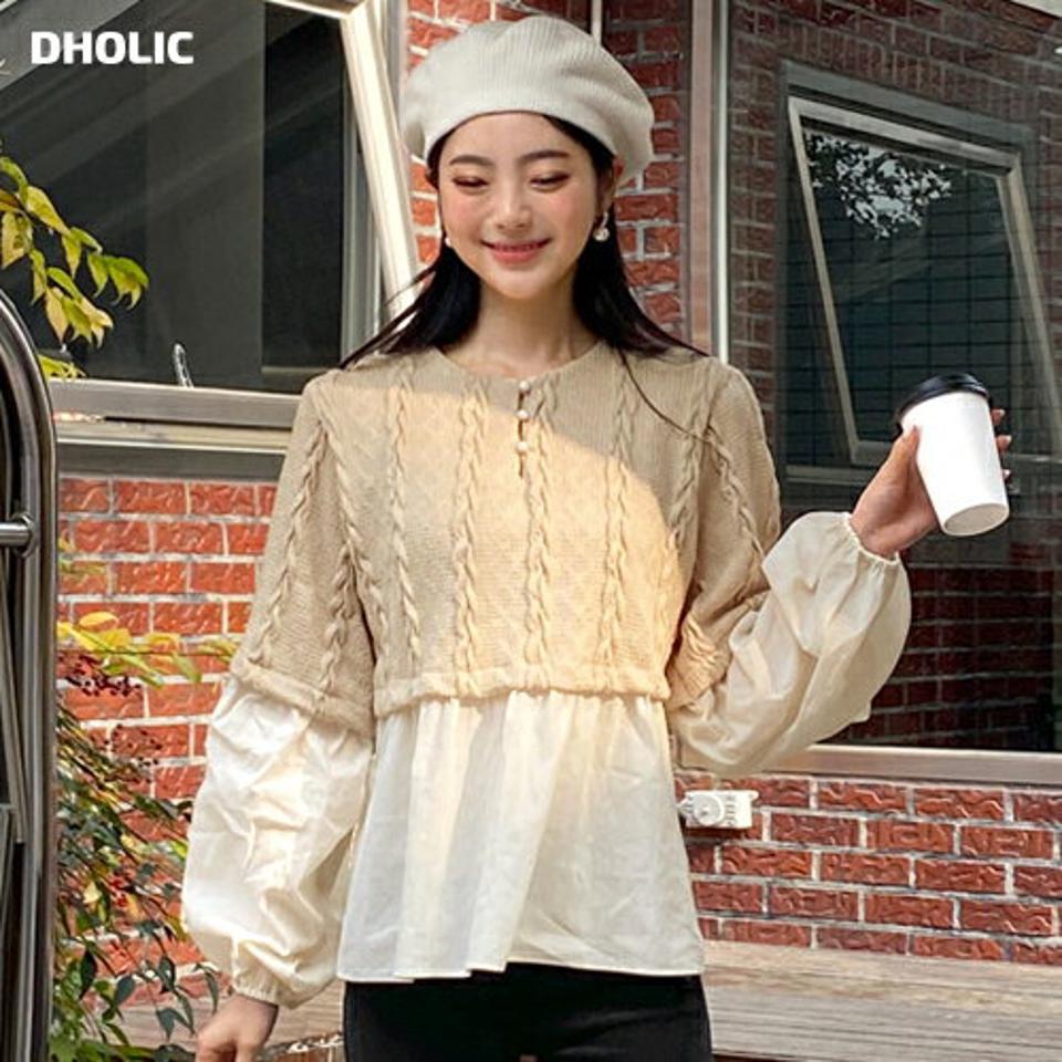 ツイストニット配色フレアブラウス・全2色・t65429 レディース 【bl】韓国ファッション トップス ブラウス 長袖 ラウンドネック ツイスト ニット 配色 フレア シンプル フェミニン 体型カバー ガーリー カジュアル 秋 冬