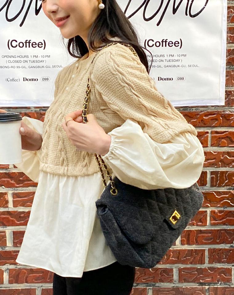 ツイストニット配色フレアブラウス・全2色・t65429 レディース 【bl】韓国ファッション トップス ブラウス 長袖 ラウンドネック ツイスト ニット 配色 フレア シンプル フェミニン 体型カバー ガーリー カジュアル 秋 冬