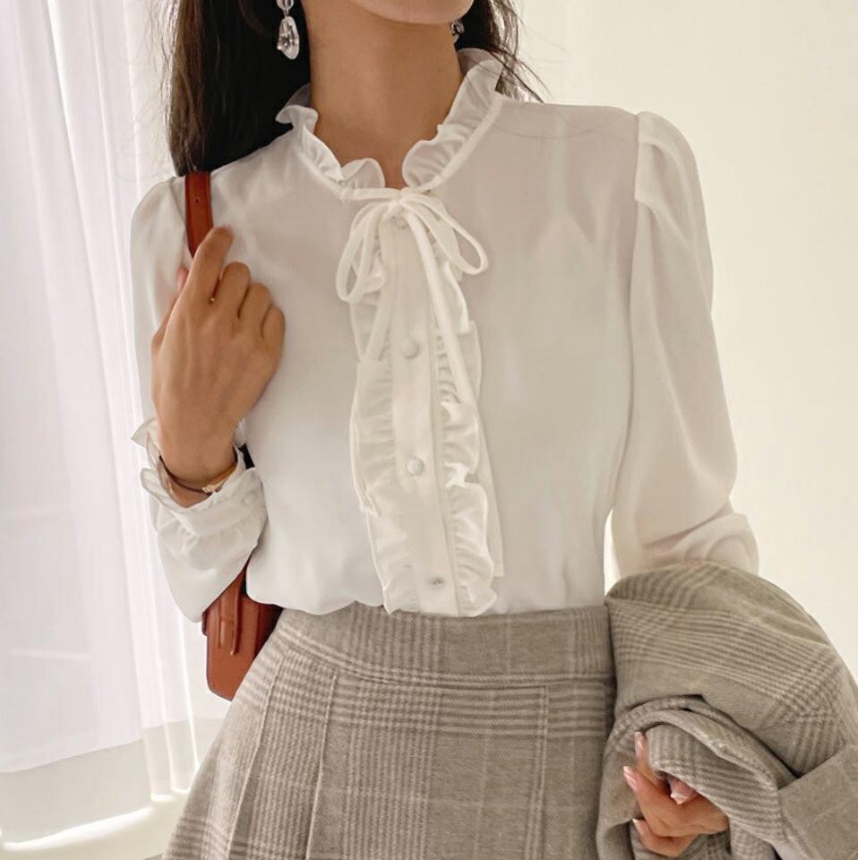 フリルリボンネックブラウス・全4色・t65434 レディース 【bl】韓国ファッション トップス ブラウス 長袖 ハーフネック フリル リボン シンプル 襟コン フェミニン シフォン ボタン 体型カバー ガーリー カジュアル 秋 冬