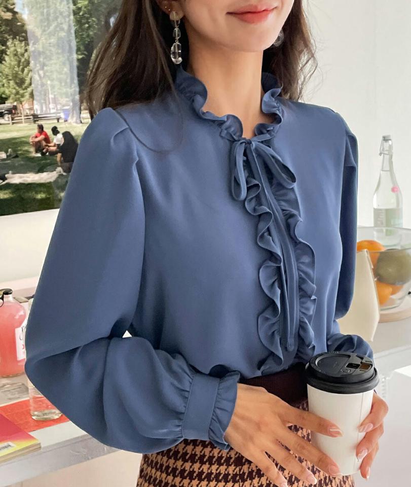 フリルリボンネックブラウス・全4色・t65434 レディース 【bl】韓国ファッション トップス ブラウス 長袖 ハーフネック フリル リボン シンプル 襟コン フェミニン シフォン ボタン 体型カバー ガーリー カジュアル 秋 冬