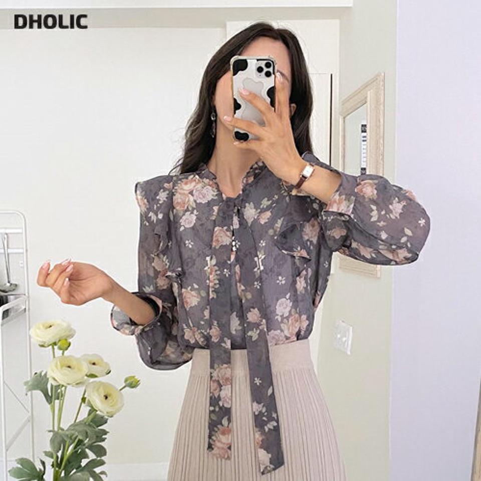 花柄シアーリボンブラウス・全3色・t65435 レディース 【bl】韓国ファッション トップス ブラウス 長袖 花柄 フローラル フラワー シアーリボン スリット シンプル フェミニン シフォン 体型カバー ガーリー カジュアル 秋 冬