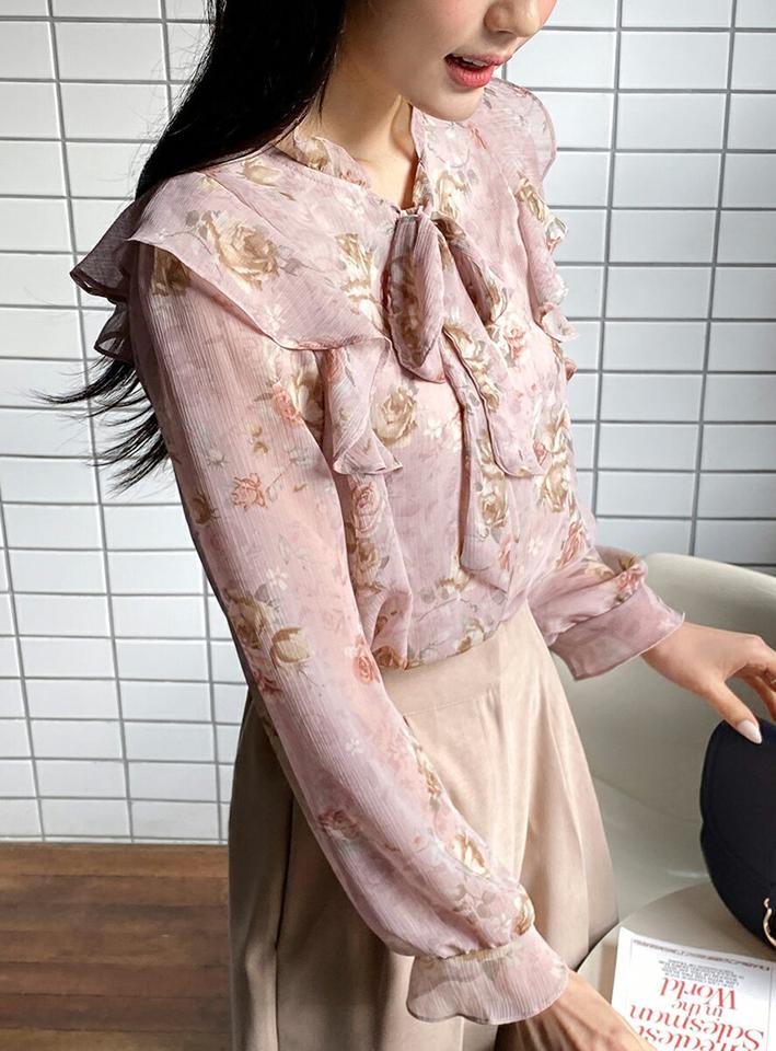花柄シアーリボンブラウス・全3色・t65435 レディース 【bl】韓国ファッション トップス ブラウス 長袖 花柄 フローラル フラワー シアーリボン スリット シンプル フェミニン シフォン 体型カバー ガーリー カジュアル 秋 冬