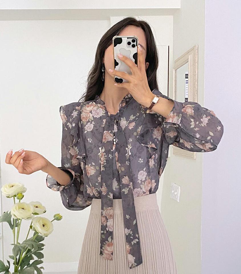 花柄シアーリボンブラウス・全3色・t65435 レディース 【bl】韓国ファッション トップス ブラウス 長袖 花柄 フローラル フラワー シアーリボン スリット シンプル フェミニン シフォン 体型カバー ガーリー カジュアル 秋 冬