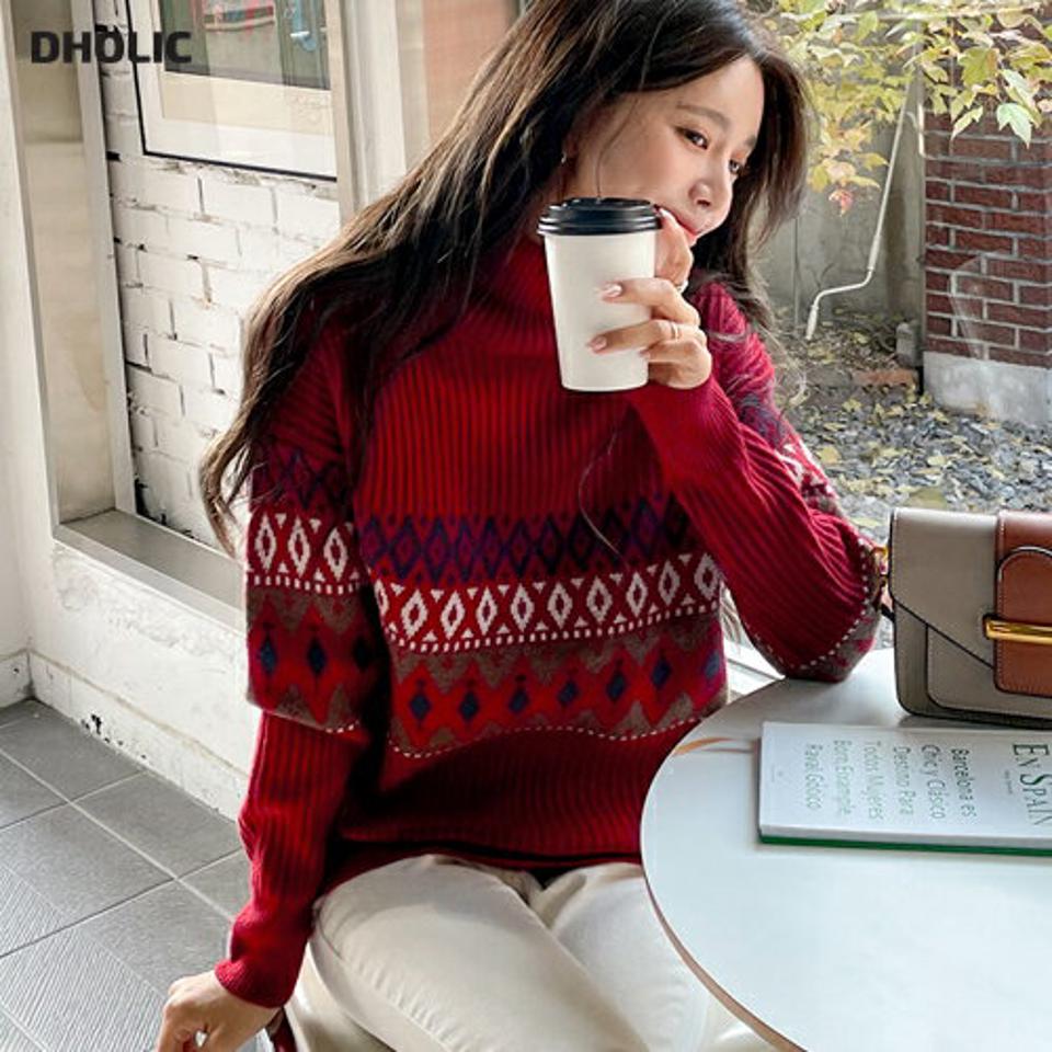 ノルディックタートルネックニット・全4色・b65437 レディース 【tops】韓国ファッション トップス ニット 大人 長袖 タートルネック ノルディック 柄ニット シンプル カジュアル 体型カバー ルーズ フェミニン 上品 秋 冬227