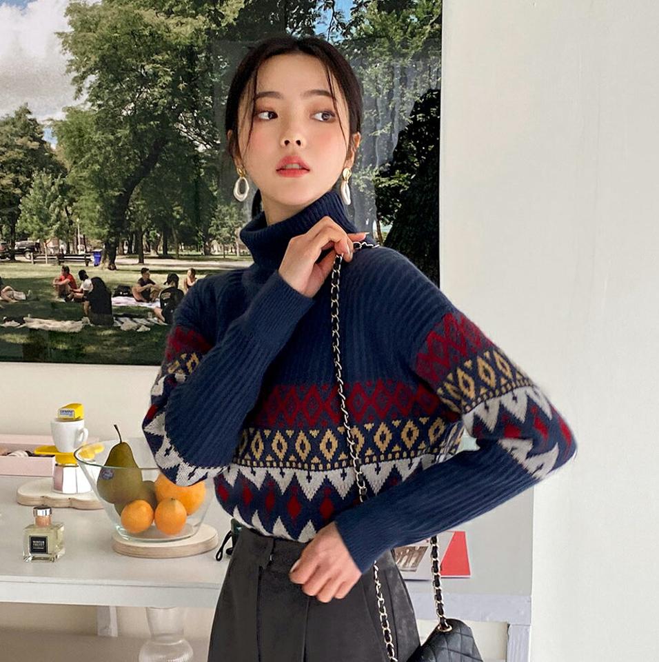 ノルディックタートルネックニット・全4色・b65437 レディース 【tops】韓国ファッション トップス ニット 大人 長袖 タートルネック ノルディック 柄ニット シンプル カジュアル 体型カバー ルーズ フェミニン 上品 秋 冬227