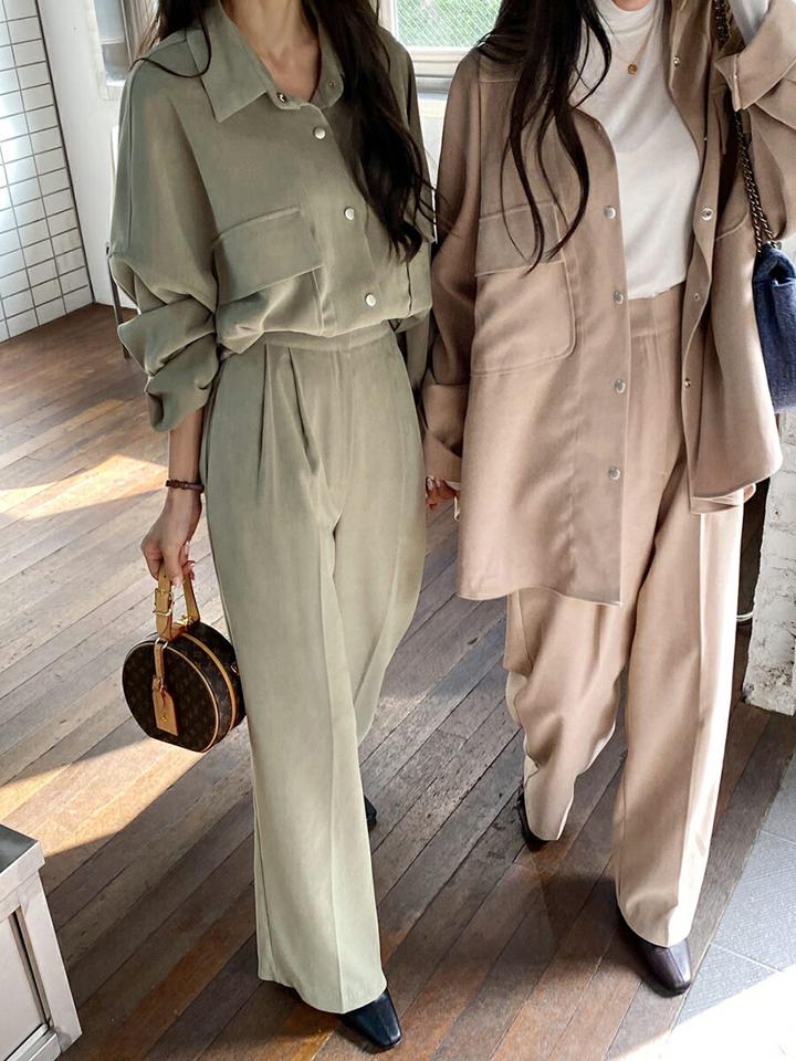 ポケットオーバーフィットシャツ&ハイウエストストレートスラックスSET・全3色・t65447 レディース 【pt】韓国ファッション ボトムス ロング ロングパンツ パンツ シャツ セットアップ 長袖 スラックス ストレート ハイウエスト 無地 シンプル 秋 冬