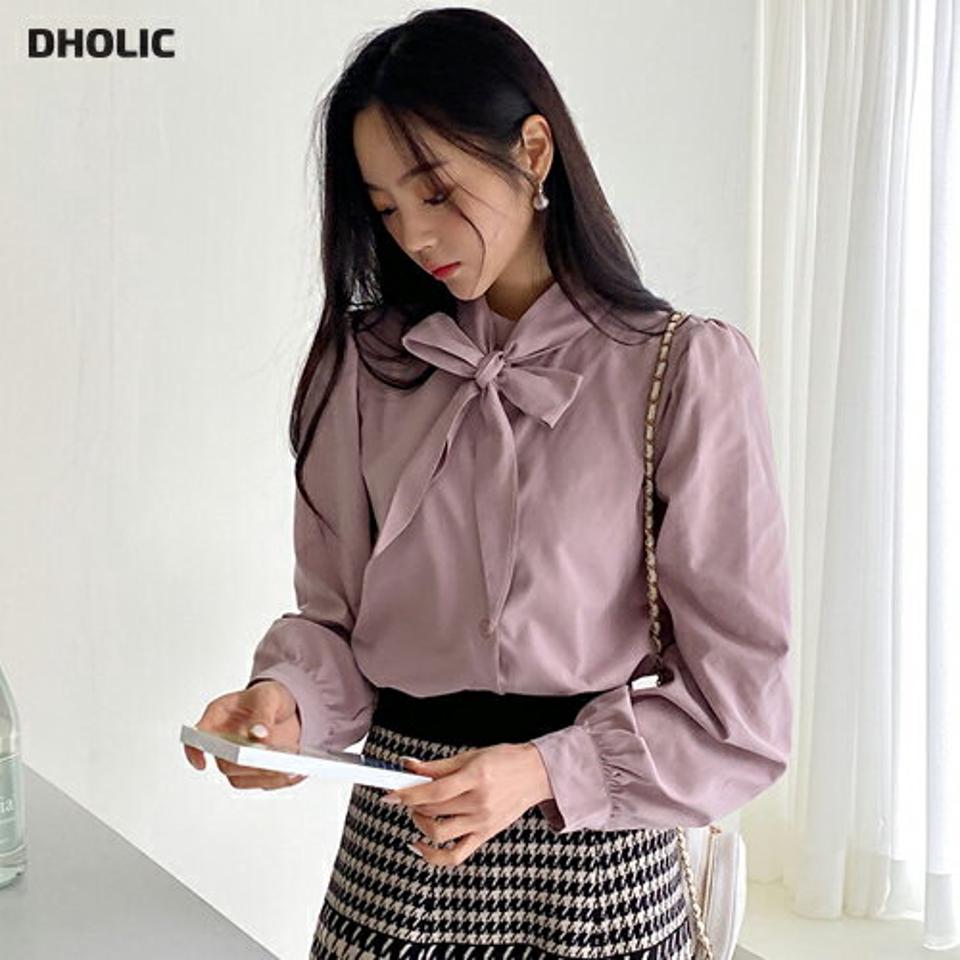 リボン付シルキーボタンブラウス・全3色・b65436 レディース 【bl】韓国ファッション トップス ブラウス 長袖 ノーカラー リボン付 シルキーボタン 2WAY 無地 シンプル フェミニン 体型カバー ガーリー カジュアル 秋 冬