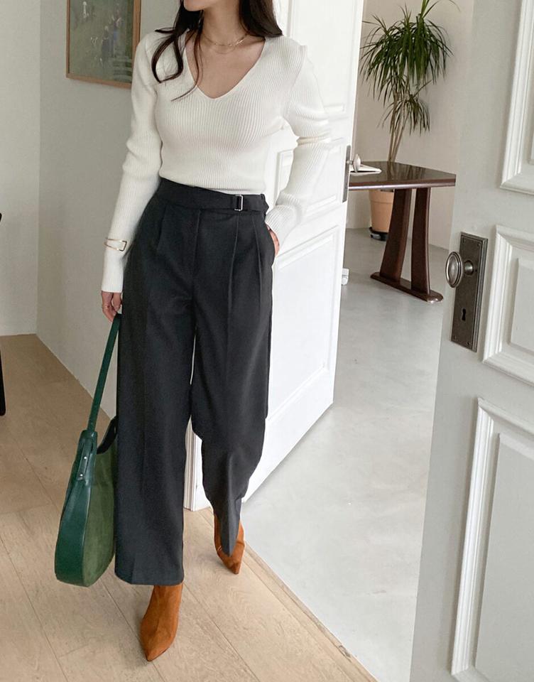ベルトワイドスラックスパンツ・全3色・t00597 レディース 【pt】スラックス パンツ ズボン ロングパンツ 長ズボン ワイドパンツ ベルト 単色 無地 シンプル ベーシック 大人 オフィスカジュアル 秋 冬 韓国ファッション ハイホリHIHOLLI