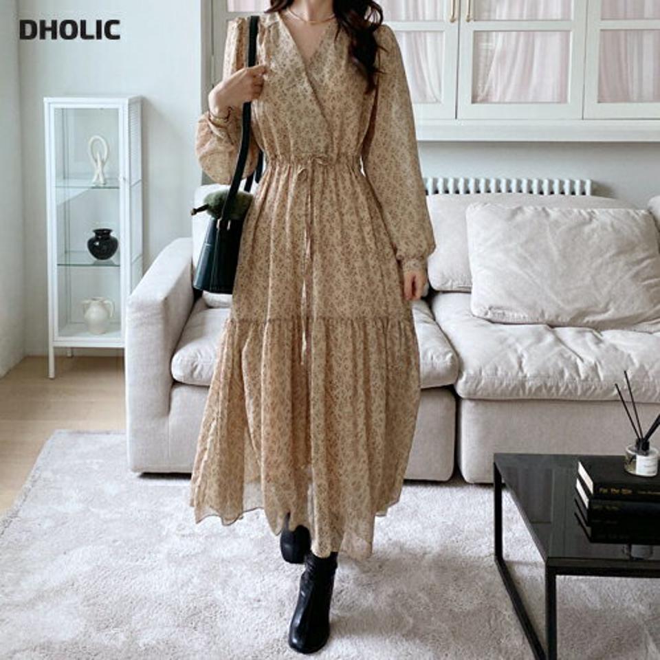 カシュクールリーフパターンワンピース・全2色・t00588 レディース 【ops】ワンピース ロング丈 ロングワンピース 長袖 カシュクール 総柄 フェミニン 透け感 シアー かわいい 可愛い ギャザー 秋 冬 韓国ファッション ハイホリHIHOLLI