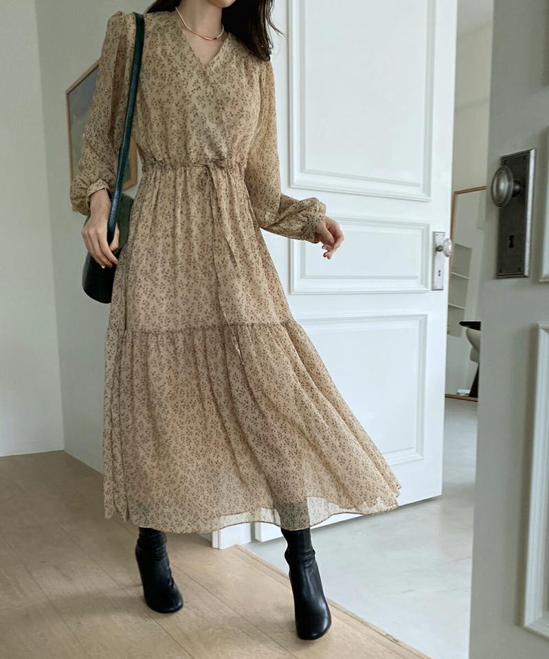 カシュクールリーフパターンワンピース・全2色・t00588 レディース 【ops】ワンピース ロング丈 ロングワンピース 長袖 カシュクール 総柄 フェミニン 透け感 シアー かわいい 可愛い ギャザー 秋 冬 韓国ファッション ハイホリHIHOLLI