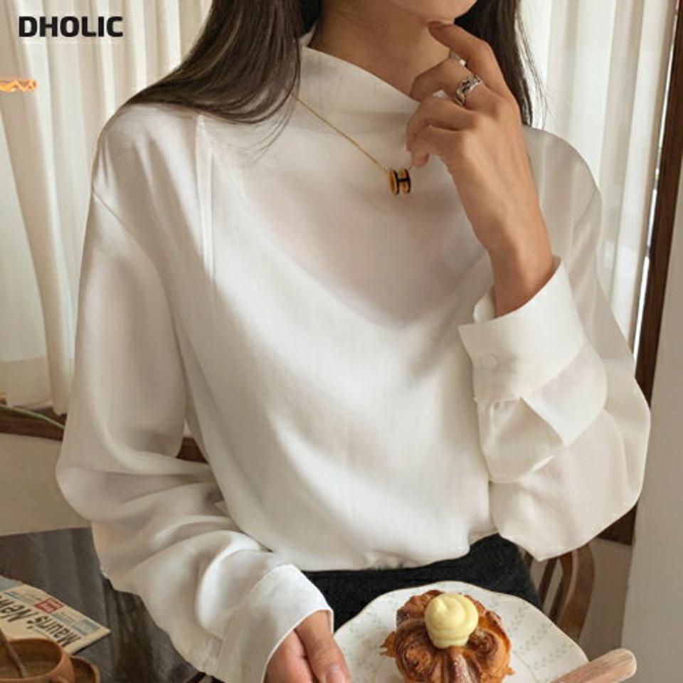 ハーフネックグロッシーブラウス・全3色・t58487 レディース 【bl】韓国ファッション トップス ブラウス 長袖 ハーフネック グロッシー 無地 ベーシック シンプル 光沢 体型カバー ガーリー カジュアル 秋 冬