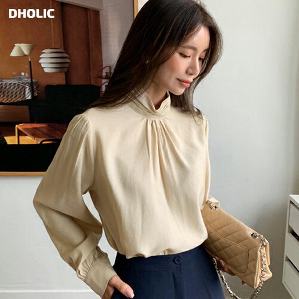 ハーフネックギャザーブラウス・全3色・b58488 レディース 【bl】韓国ファッション トップス ブラウス 長袖 ハーフネック ギャザー カフス ボタン スリット オフィスカジュアル 無地 モダン シンプル ガーリー カジュアル 秋 冬