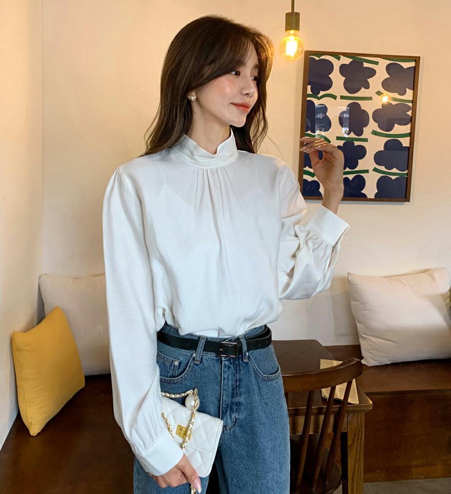 ハーフネックギャザーブラウス・全3色・b58488 レディース 【bl】韓国ファッション トップス ブラウス 長袖 ハーフネック ギャザー カフス ボタン スリット オフィスカジュアル 無地 モダン シンプル ガーリー カジュアル 秋 冬