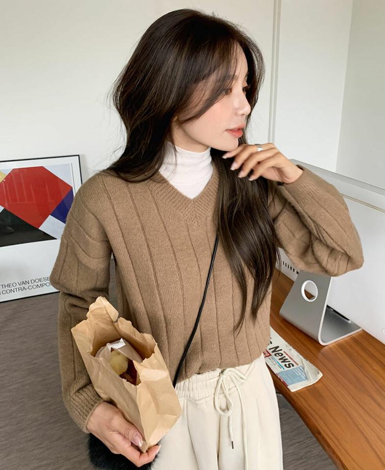 Vネックワイドリブニット・全5色・t58490 レディース 【tops】韓国ファッション トップス ニット 大人 長袖 Vネック ワイド リブ パステル カラーニット ドロップショルダー 無地 シンプル ルーズ フェミニン デイリー 秋 冬