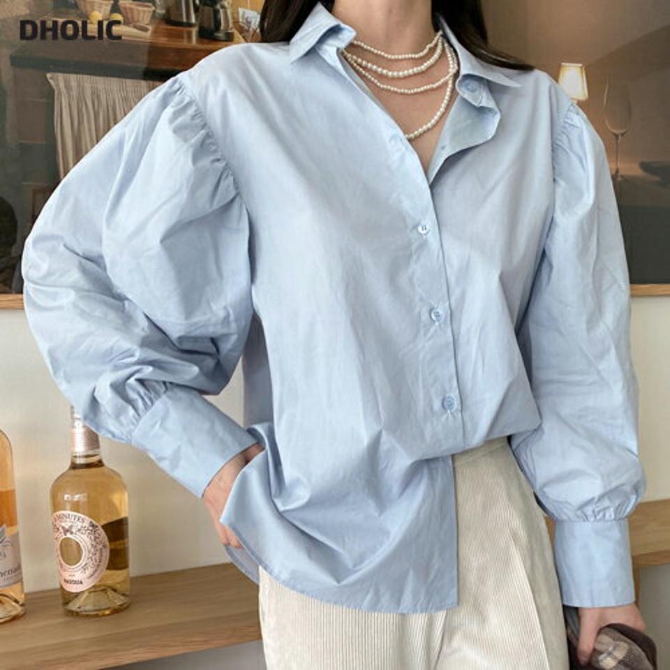 パフスリーブシャツ・全3色・t00577 レディース 【bl】シャツ 長袖 パフスリーブ パフ袖 単色 無地 シンプル ボリューム袖 袖コンシャス 大人 可愛い かわいい 秋 冬 春 韓国ファッション ハイホリHIHOLLI