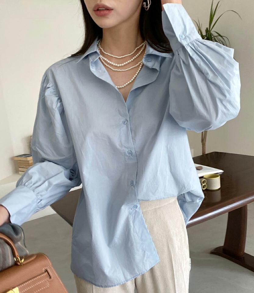 パフスリーブシャツ・全3色・t00577 レディース 【bl】シャツ 長袖 パフスリーブ パフ袖 単色 無地 シンプル ボリューム袖 袖コンシャス 大人 可愛い かわいい 秋 冬 春 韓国ファッション ハイホリHIHOLLI