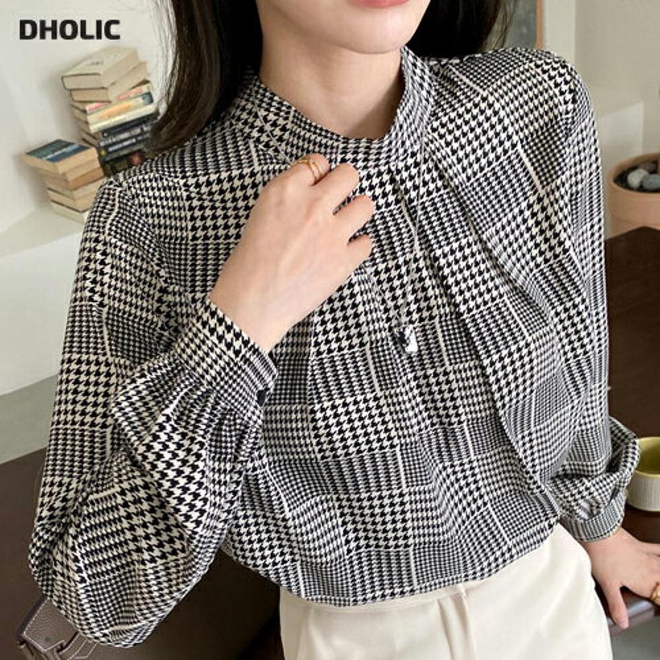 ハウンドトゥースバックストラップブラウス・全2色・b00576 レディース 【bl】トップス ブラウス 長袖 ハウンドトゥース 千鳥柄 千鳥格子 チェック柄 大人 シック モダン 雰囲気 オフィスカジュアル 上品 秋 冬 韓国ファッション ハイホリHIHOLLI