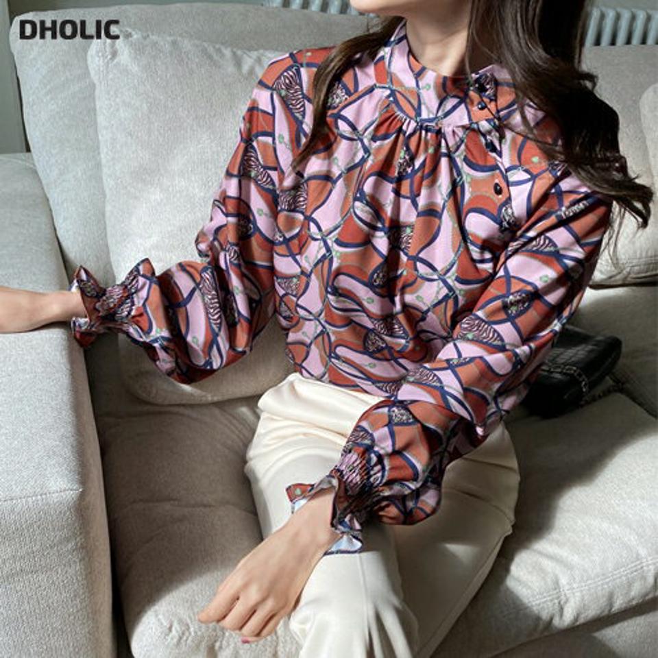 チェーン柄ハーフネックブラウス・全2色・b00575 レディース 【bl】トップス ブラウス 長袖 総柄 ハーフネック 大人 シック モダン 雰囲気 ラグランスリーブ ギャザー 秋 冬 韓国ファッション ハイホリHIHOLLI