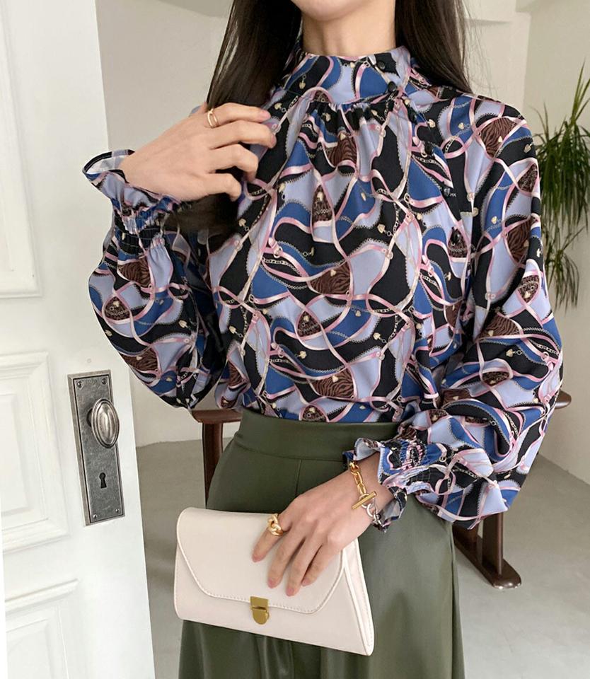 チェーン柄ハーフネックブラウス・全2色・b00575 レディース 【bl】トップス ブラウス 長袖 総柄 ハーフネック 大人 シック モダン 雰囲気 ラグランスリーブ ギャザー 秋 冬 韓国ファッション ハイホリHIHOLLI