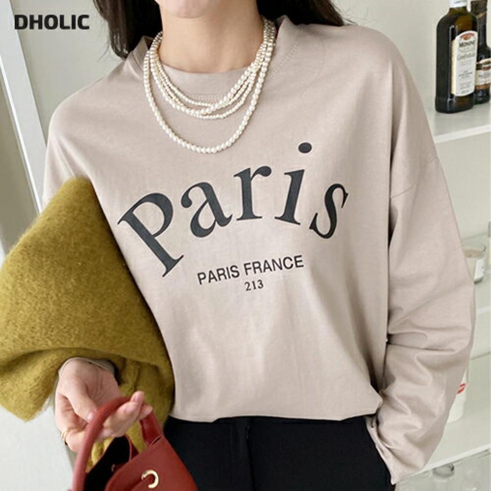 Paris長袖Tシャツ・全3色・b00572 レディース 【tops】トップス Tシャツ 長袖 ロンT ロゴ レタリング カジュアル ラフ スリット アンバランス 秋 冬 韓国ファッション ハイホリHIHOLLI