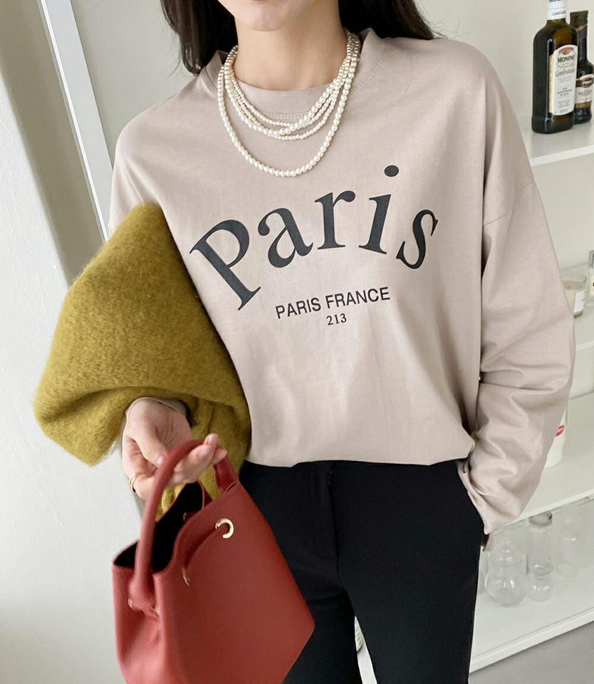 Paris長袖Tシャツ・全3色・b00572 レディース 【tops】トップス Tシャツ 長袖 ロンT ロゴ レタリング カジュアル ラフ スリット アンバランス 秋 冬 韓国ファッション ハイホリHIHOLLI