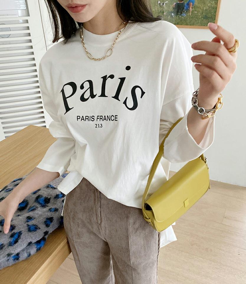 Paris長袖Tシャツ・全3色・b00572 レディース 【tops】トップス Tシャツ 長袖 ロンT ロゴ レタリング カジュアル ラフ スリット アンバランス 秋 冬 韓国ファッション ハイホリHIHOLLI