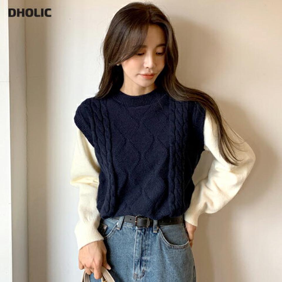 配色ケーブルニット・全4色・b58461 レディース 【tops】韓国ファッション トップス ニット 大人 長袖 ラウンドネック ケーブル編み 配色 コントラスト シンプル ウェーブライン 体型カバー フェミニン カジュアル デイリー 秋 冬