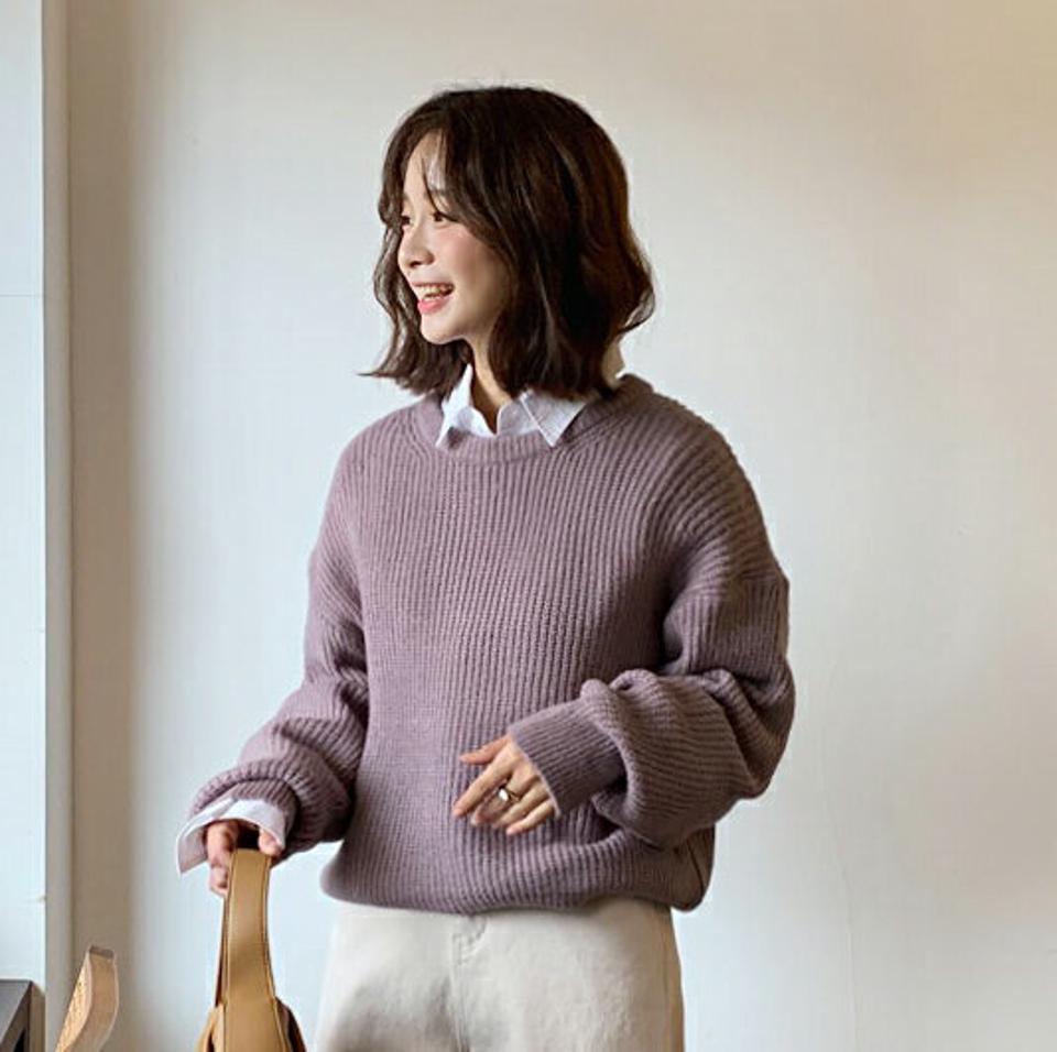 ラウンドネックニット・全5色・b58494 レディース 【tops】韓国ファッション トップス ニット 大人 長袖 ラウンドネック カラーニット ドロップショルダー 無地 ベーシック シンプル メリハリ ルーズ フェミニン 秋 冬