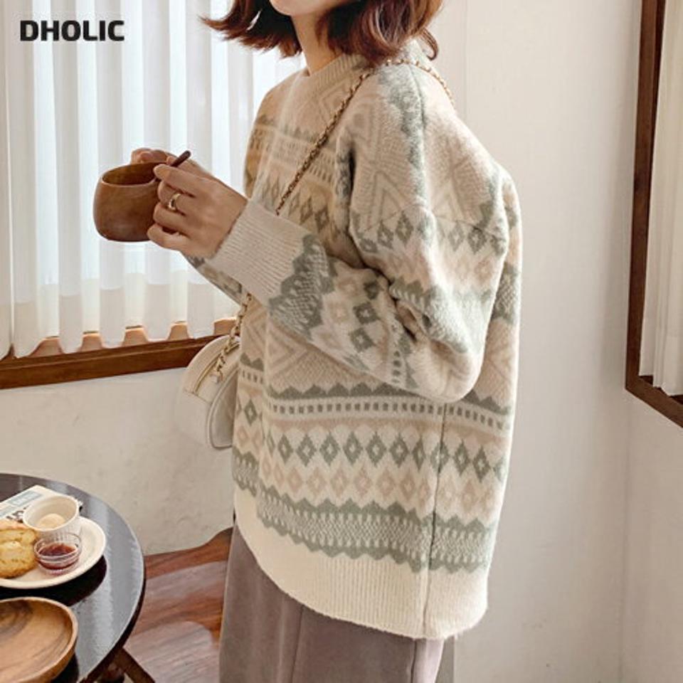 即日配送 ノルディックパターンニット・全3色・t58463 レディース 【tops】韓国ファッション トップス ニット 大人 長袖 ラウンドネック ノルディック柄 パステルカラー シンプル 柄ニット 体型カバー ルーズ フェミニン 秋 冬222