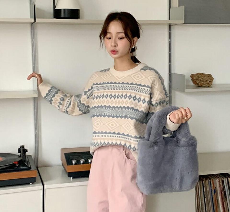 即日配送 ノルディックパターンニット・全3色・t58463 レディース 【tops】韓国ファッション トップス ニット 大人 長袖 ラウンドネック ノルディック柄 パステルカラー シンプル 柄ニット 体型カバー ルーズ フェミニン 秋 冬222