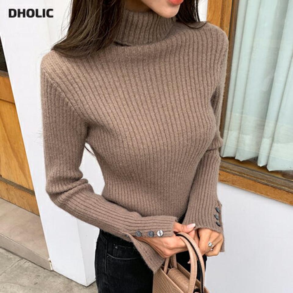 ボタンスリーブタートルネックニット・全4色・b58466 レディース 【tops】韓国ファッション トップス ニット 大人 長袖 タートルネック ボタン スリーブ 無地 シンプル スリム フェミニン 秋 冬