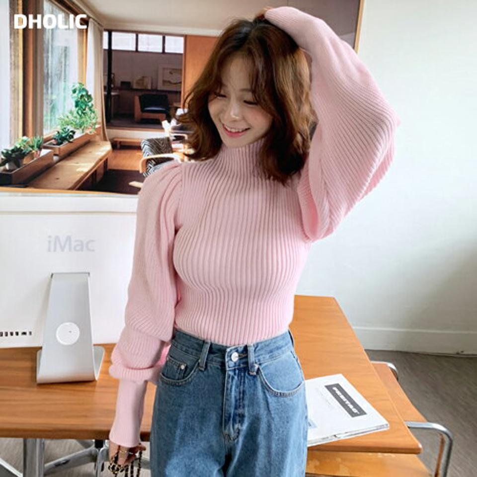パフスリーブリブニット・全4色・b58467 レディース 【tops】韓国ファッション トップス ニット 年上 大人 長袖 ハイネック パフスリーブリブ カラーニット 無地 シンプル スリム パステル 体型カバー フェミニン カジュアル デイリー 秋 冬