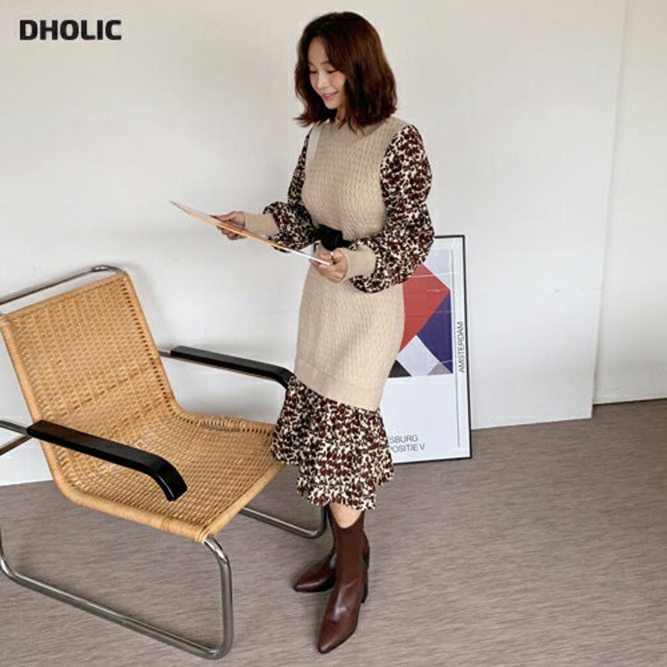 ベルト付配色ニットワンピース・全3色・b58469 レディース 【ops】韓国ファッション ワンピース ロング ロングワンピース 長袖 ハーフネック ベルト付 配色 ニットワンピース ツイスト編み ロング丈 シンプル 体型カバー フェミニン 秋 冬