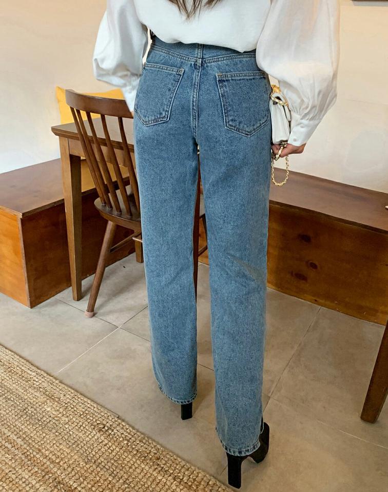 裏起毛サイドスリットデニムパンツ・全1色・t58485 レディース 【pt】韓国ファッション ボトムス ロング ロングパンツ デニム デニムパンツ 裏起毛 スリット ストレート ロング丈 体型もカバー シンプル カジュアル デイリー 秋 冬