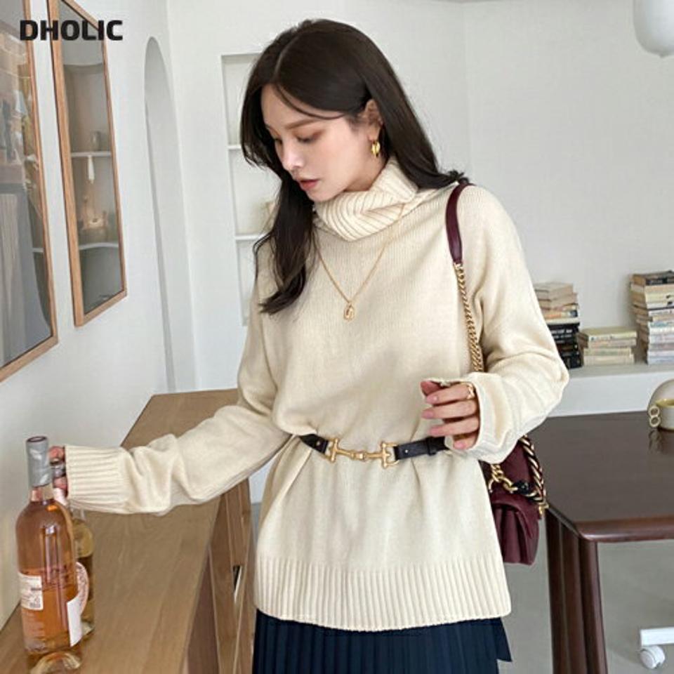 タートルネックルーズニット・全4色・t00584 レディース 【tops】トップス ニット 長袖 タートルネック ハイネック 単色 無地 シンプル ルーズ ゆったり カジュアル ラフ アクリルニット ニットトップス 冬 韓国ファッション ハイホリHIHOLLI
