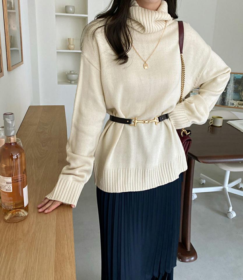 タートルネックルーズニット・全4色・t00584 レディース 【tops】トップス ニット 長袖 タートルネック ハイネック 単色 無地 シンプル ルーズ ゆったり カジュアル ラフ アクリルニット ニットトップス 冬 韓国ファッション ハイホリHIHOLLI