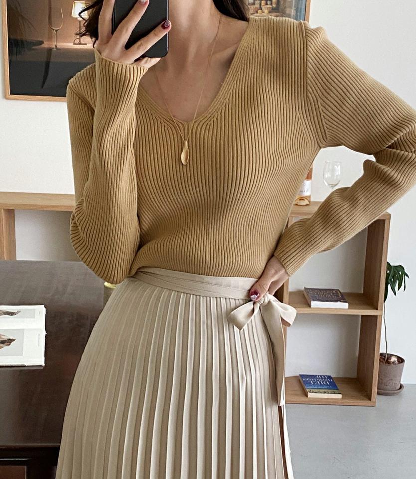 即日配送 2WAYリブVネックニット・全3色・t00580 レディース 【tops】トップス ニット 長袖 Vネック リブニット 前後着用自由 2way 単色 無地 シンプル ベーシック レディ 大人 ニットトップス 秋 冬 韓国ファッション ハイホリHIHOLLI