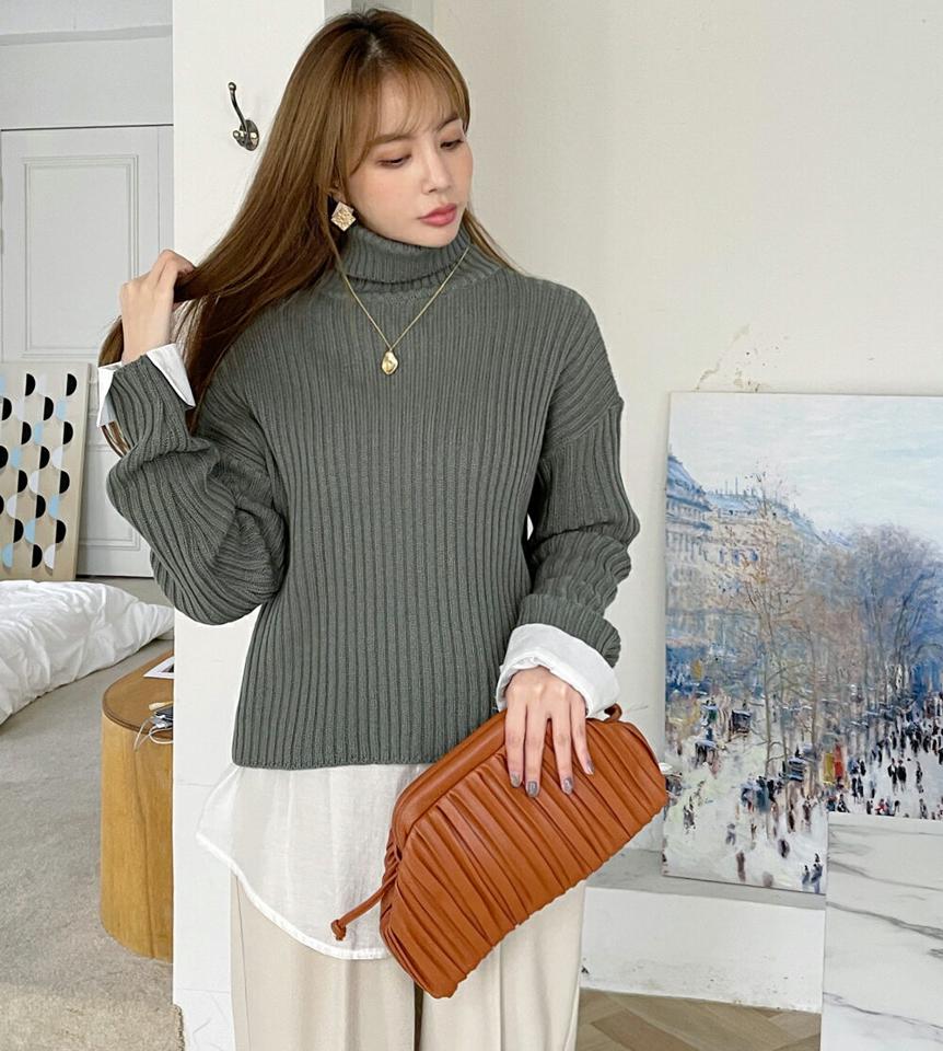 クロップドタートルニット・全5色・t70899 レディース 【tops】トップス ニット ニットトップス 長袖 タートルネック クロップド丈 単色 無地 シンプル ベーシック リブニット ラフ アクリルニット 秋 冬 韓国ファッション ハイホリHIHOLLI