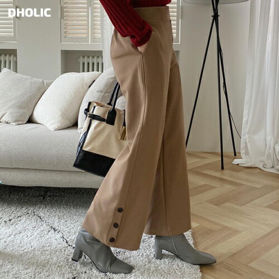 裏起毛フェイクボタンワイドパンツ・全2色・b70907 レディース 【pt】パンツ ズボン ロングパンツ 長ズボン ワイドパンツ 裏起毛 単色 無地 シンプル 大人 ベーシック カジュアル 冬 韓国ファッション ハイホリHIHOLLI