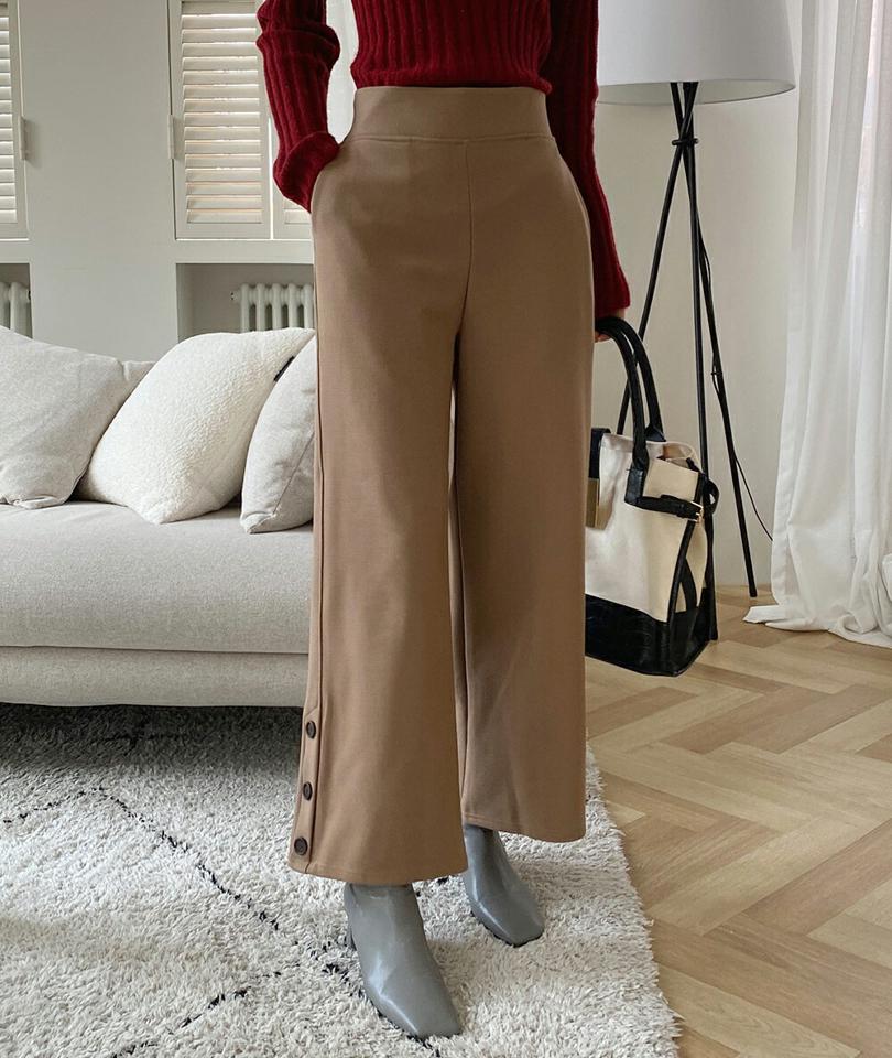 裏起毛フェイクボタンワイドパンツ・全2色・b70907 レディース 【pt】パンツ ズボン ロングパンツ 長ズボン ワイドパンツ 裏起毛 単色 無地 シンプル 大人 ベーシック カジュアル 冬 韓国ファッション ハイホリHIHOLLI